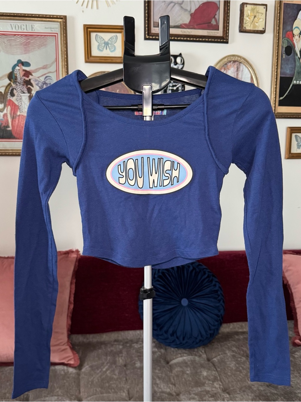 “You Wish” Navy Long-Sleeve Urban Outfitters Crop Top